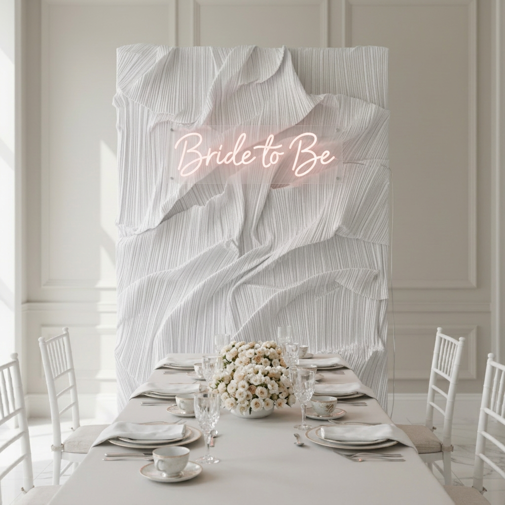 White pleated sculptural bridal shower panel with neon