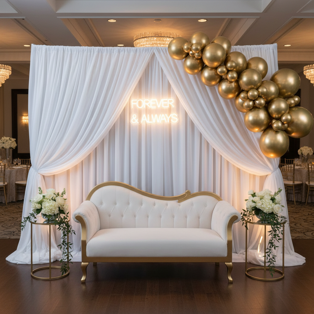 photo booth lounge with Poly Premier Fire Retardant (FR) 12ft H x 60" W drape/backdrop - White