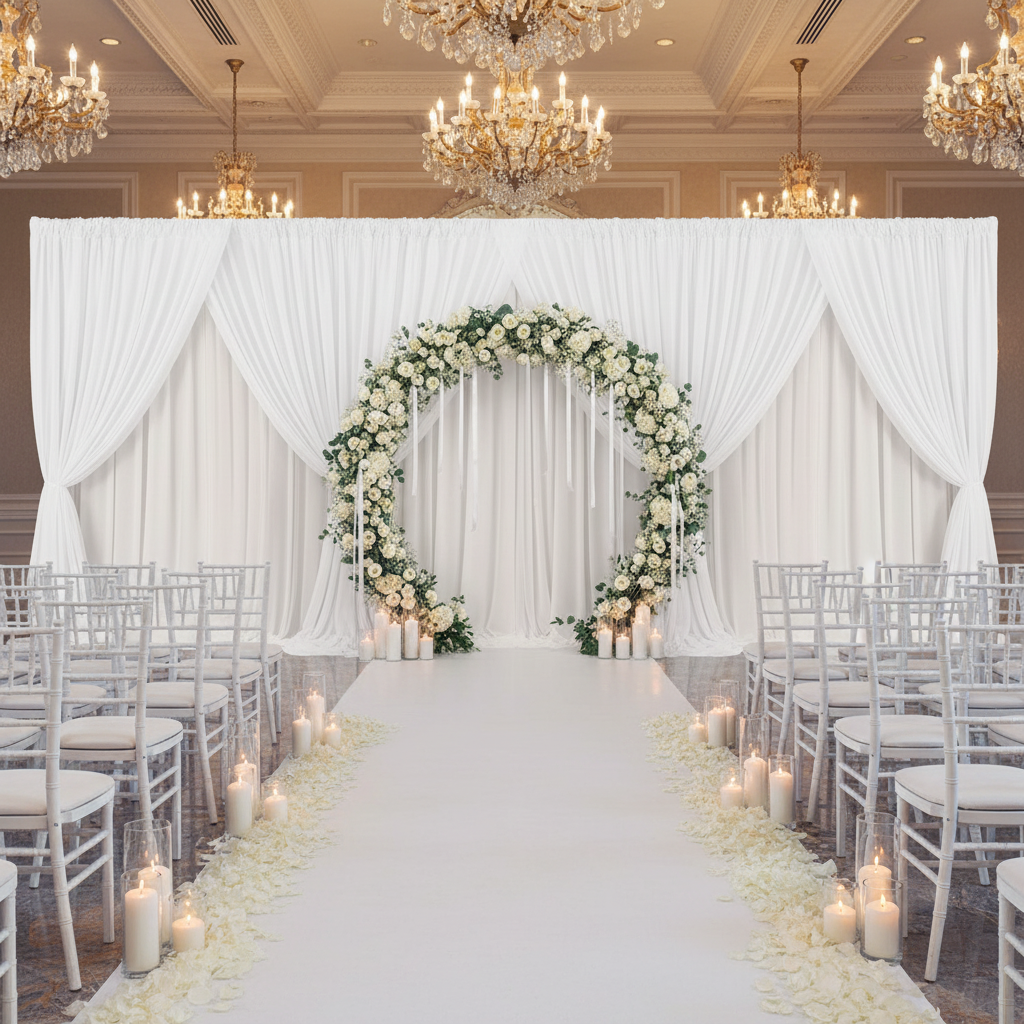 wedding ceremony with Poly Premier Fire Retardant (FR) 12ft H x 60" W drape/backdrop - White