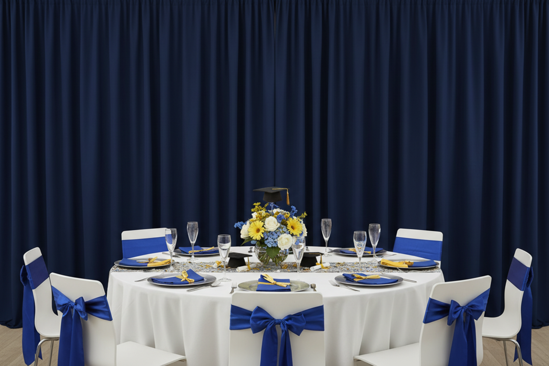 graduation party setup with Poly Premier Fire Retardant (FR) 12ft H x 60" W drape/backdrop - Navy Blue
