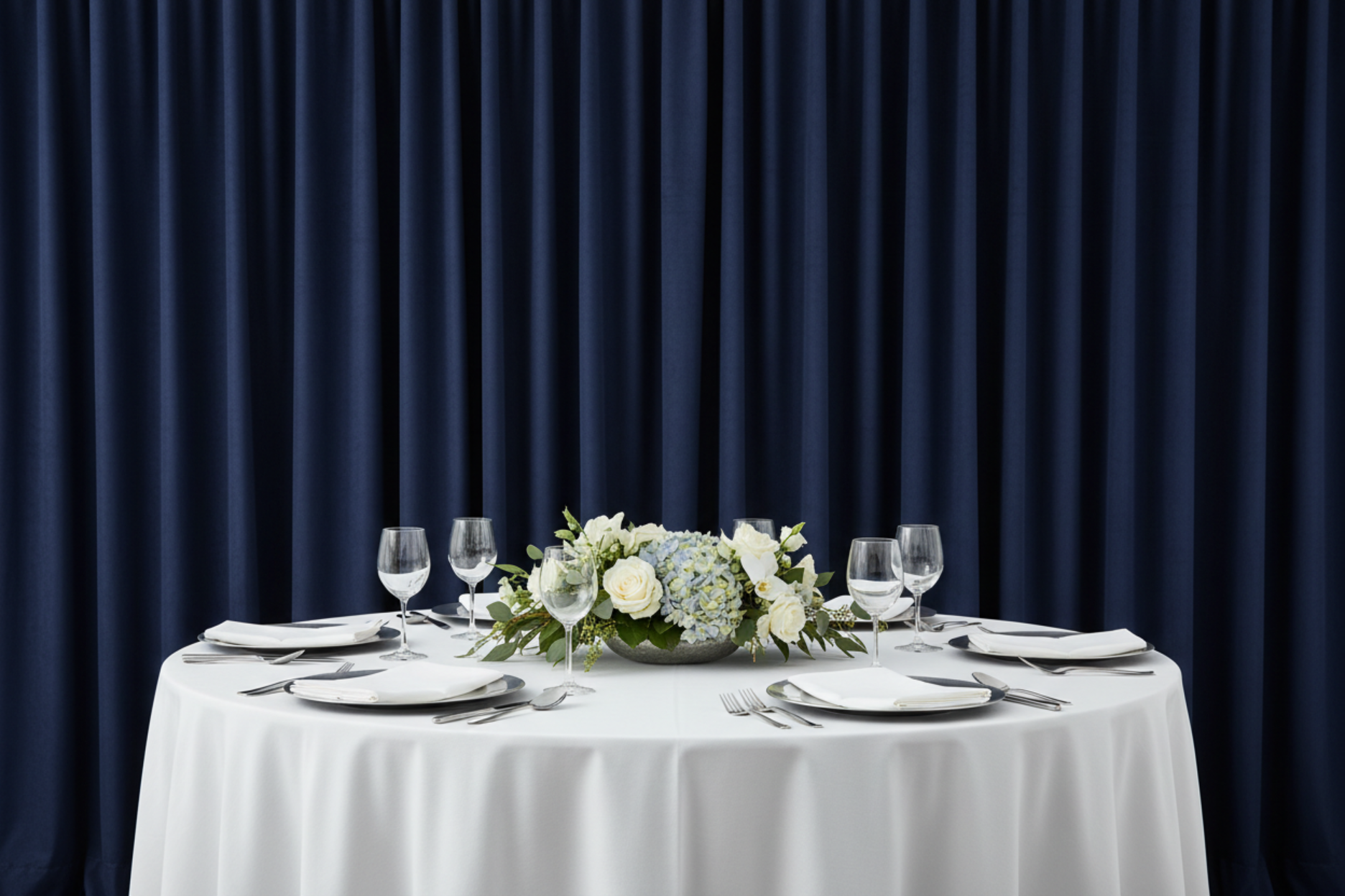 family dinner setup with Poly Premier Fire Retardant (FR) 12ft H x 60" W drape/backdrop - Navy Blue