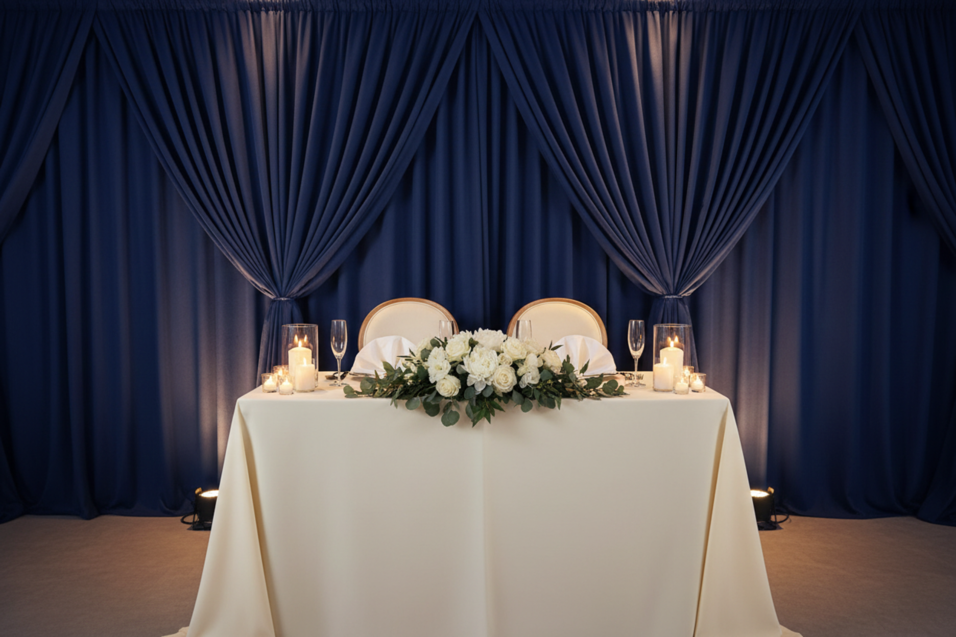 sweetheart table setup with Poly Premier Fire Retardant (FR) 12ft H x 60" W drape/backdrop - Navy Blue
