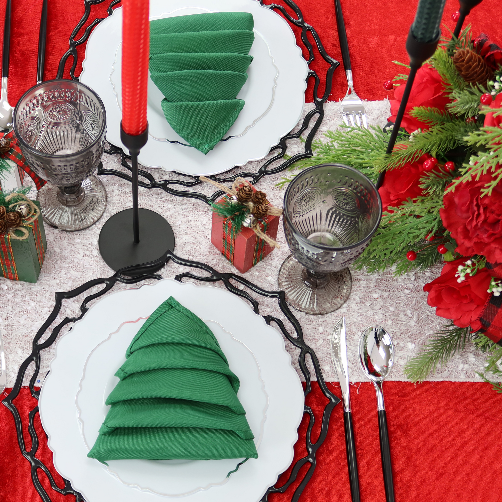 Premium Polyester Napkin 19"x19" - Emerald Green christmas tree fold with white charger on a black placemat, chrismtas table setting