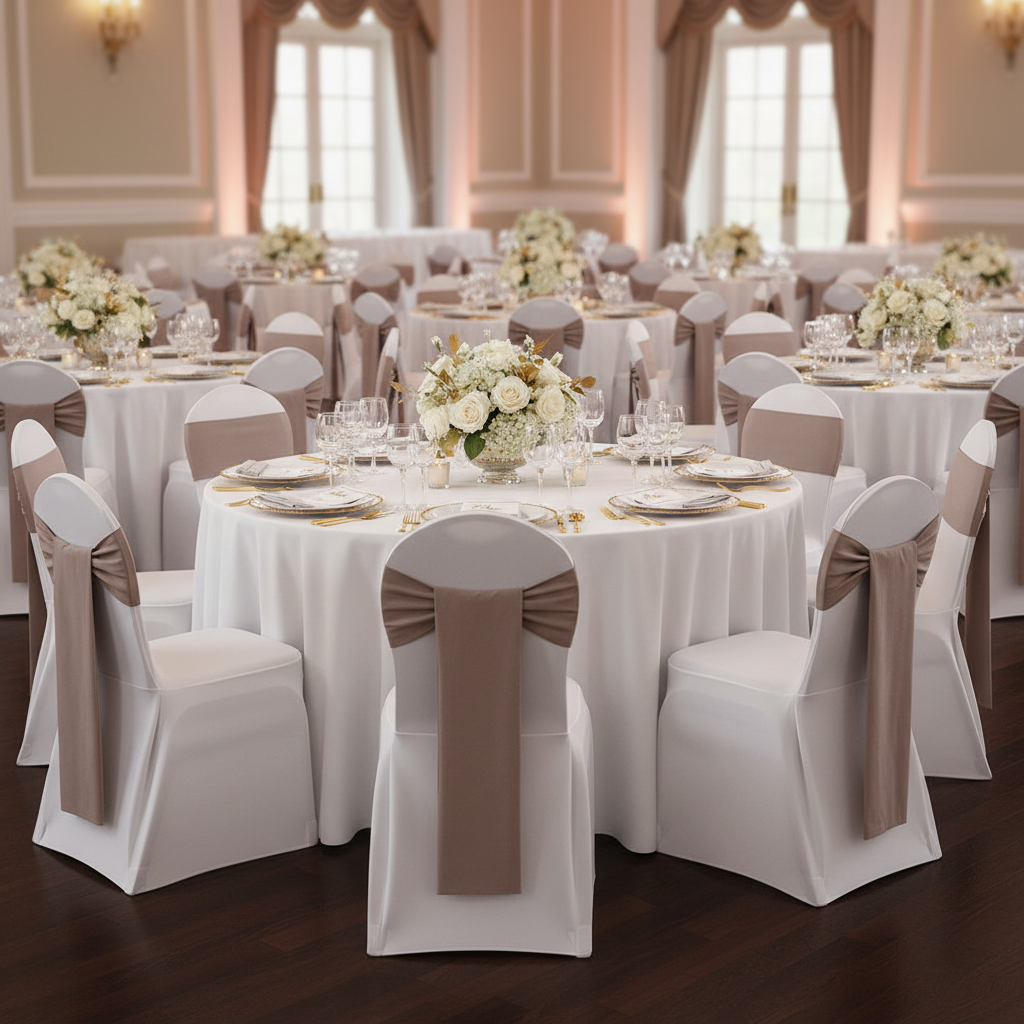 Polyester Chair Sash Tie Taupe on a white banquet chair cover