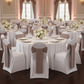 Polyester Chair Sash Tie Taupe on a white banquet chair cover