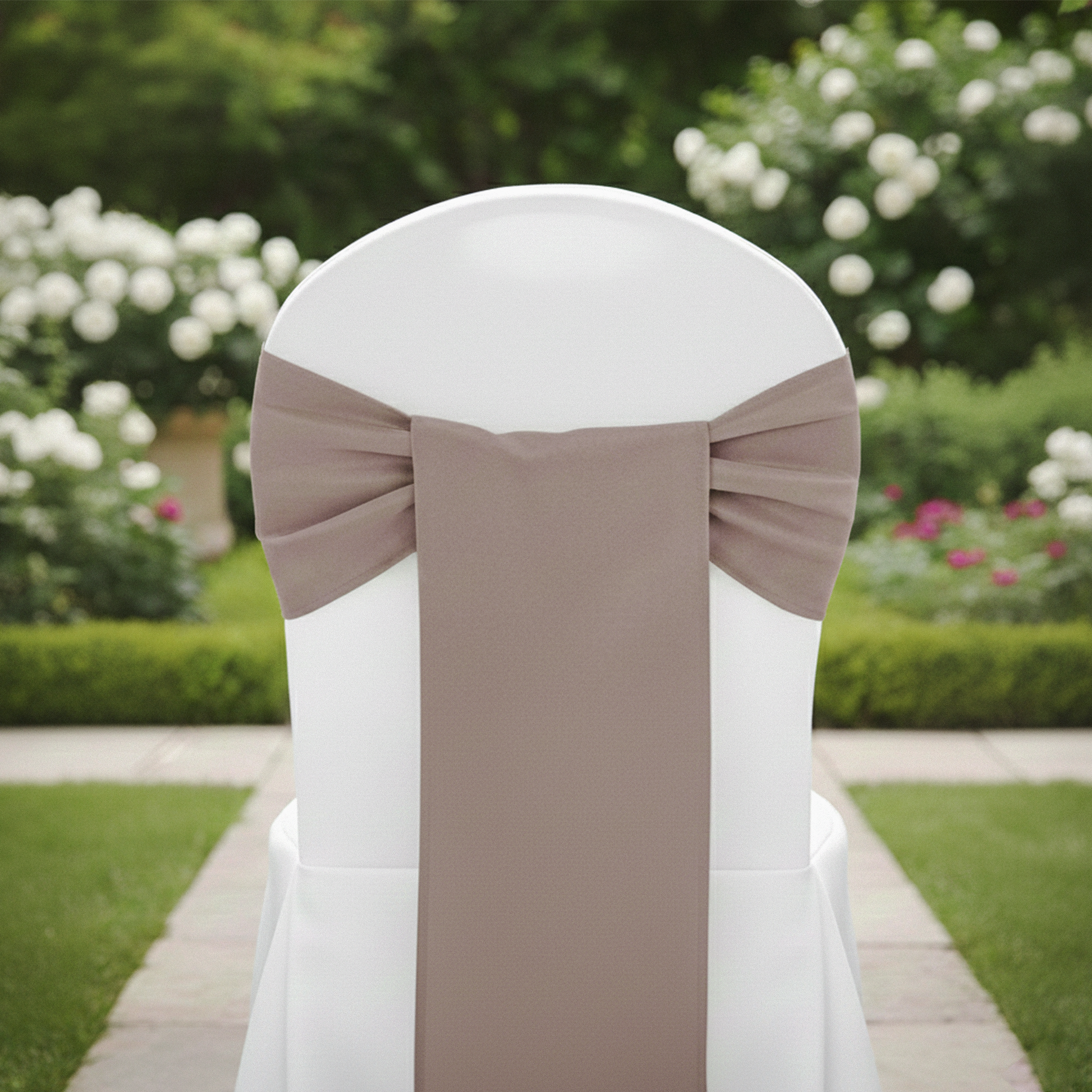 Polyester Chair Sash Tie Taupe on a whit ebanquet chair cover