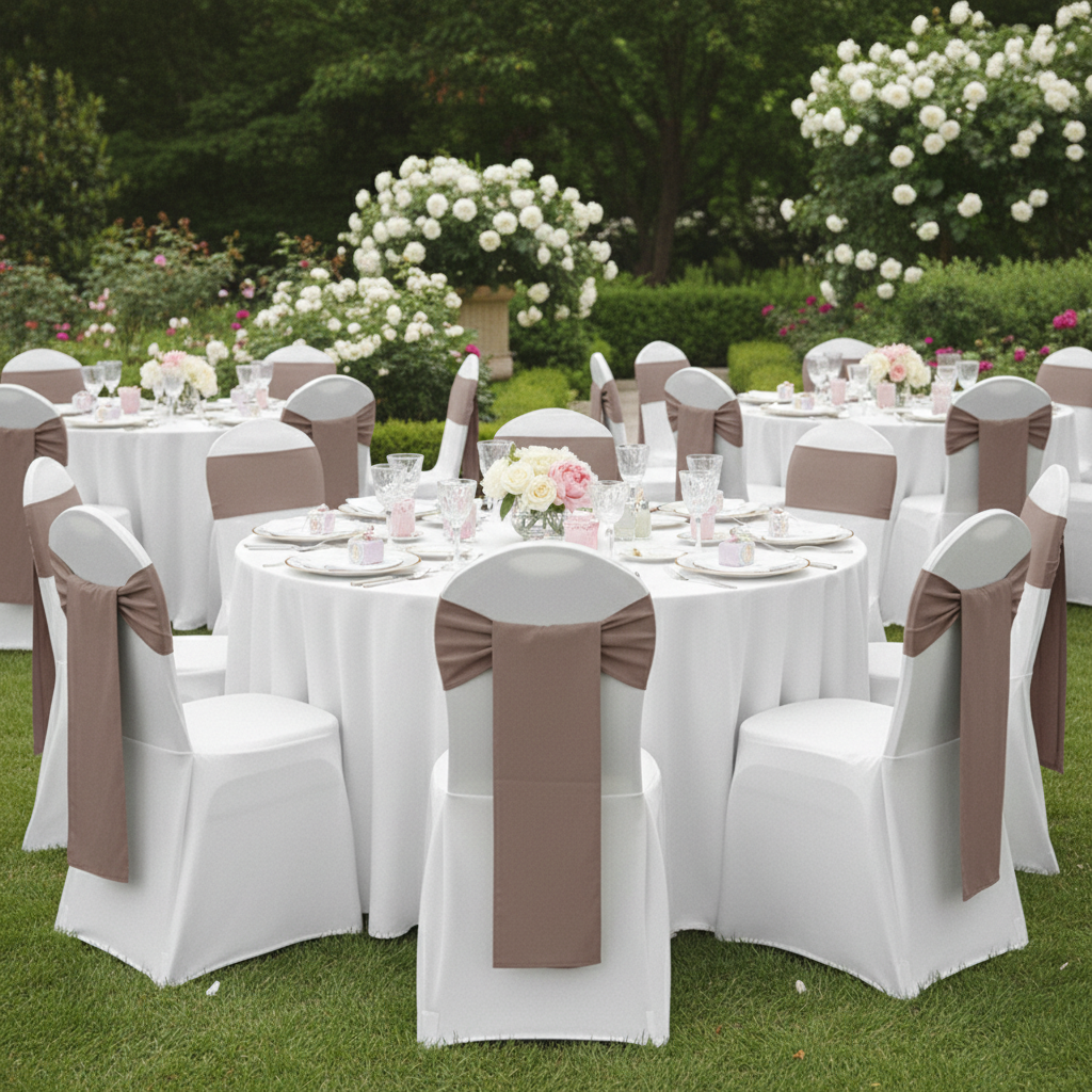 Polyester Chair Sash Tie Taupe on a white banquet chair cover
