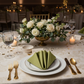 Premium Polyester Napkin 20"x20" Moss Green Wedding Reception table setting with white dinner plates