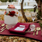 Premium Polyester Napkin 19"x19" - Burgundy with gold beaded charger plate, gold utensils, and wine goblet