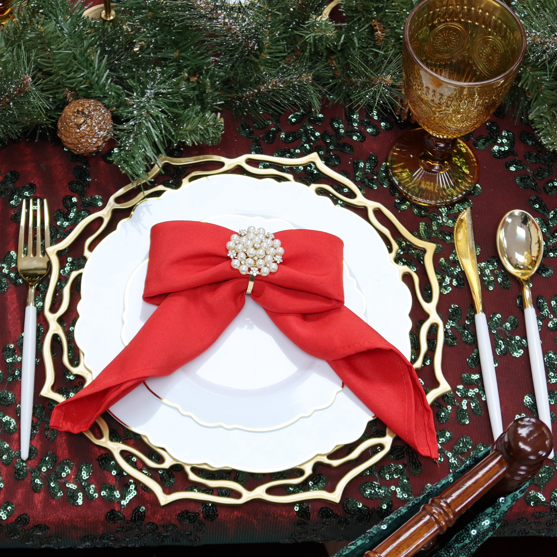 Premium Polyester Napkin Red shaped in a bow with pearl diamond napkin ring