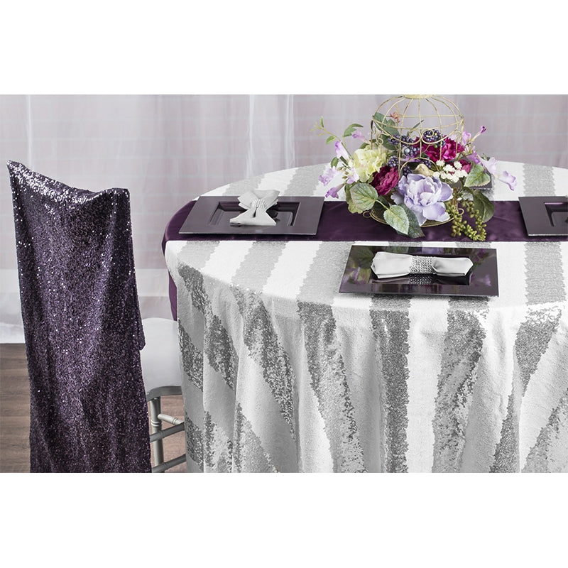 Premium Polyester Napkin Gray/Silver on plum charger plates with stripe silver and white tablecloths