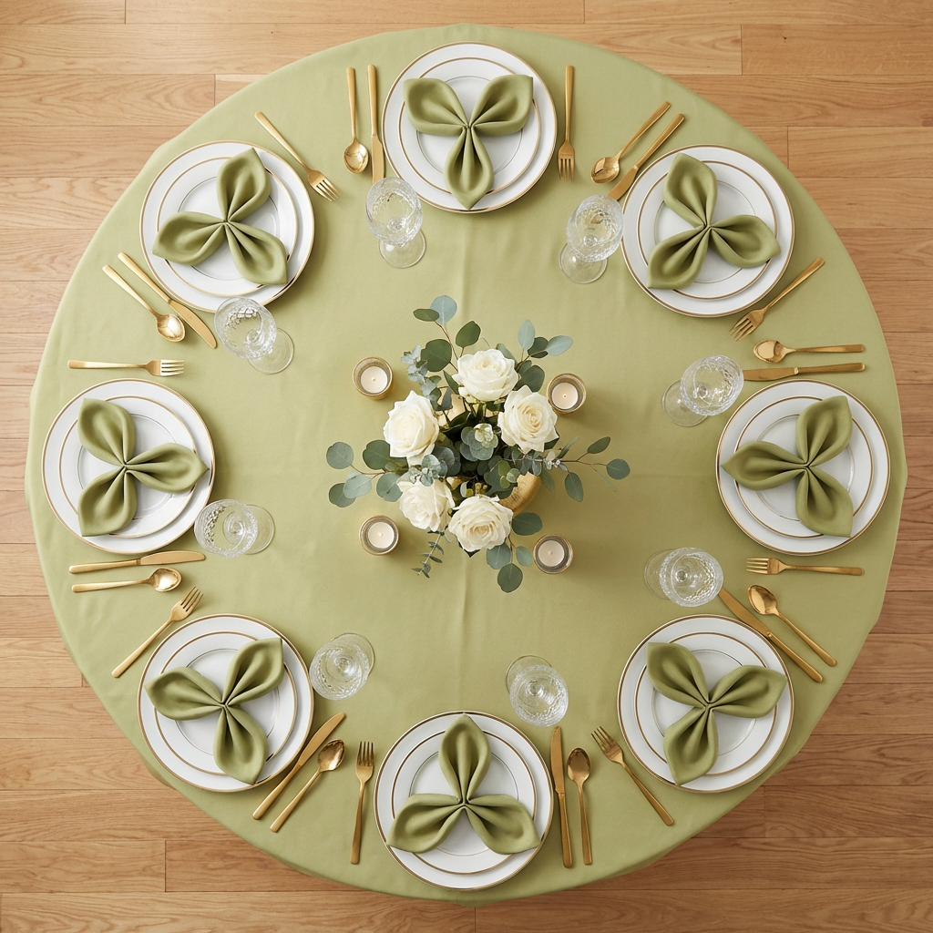 Polyester Round Tablecloth Moss Green wedding table setting birdseye view