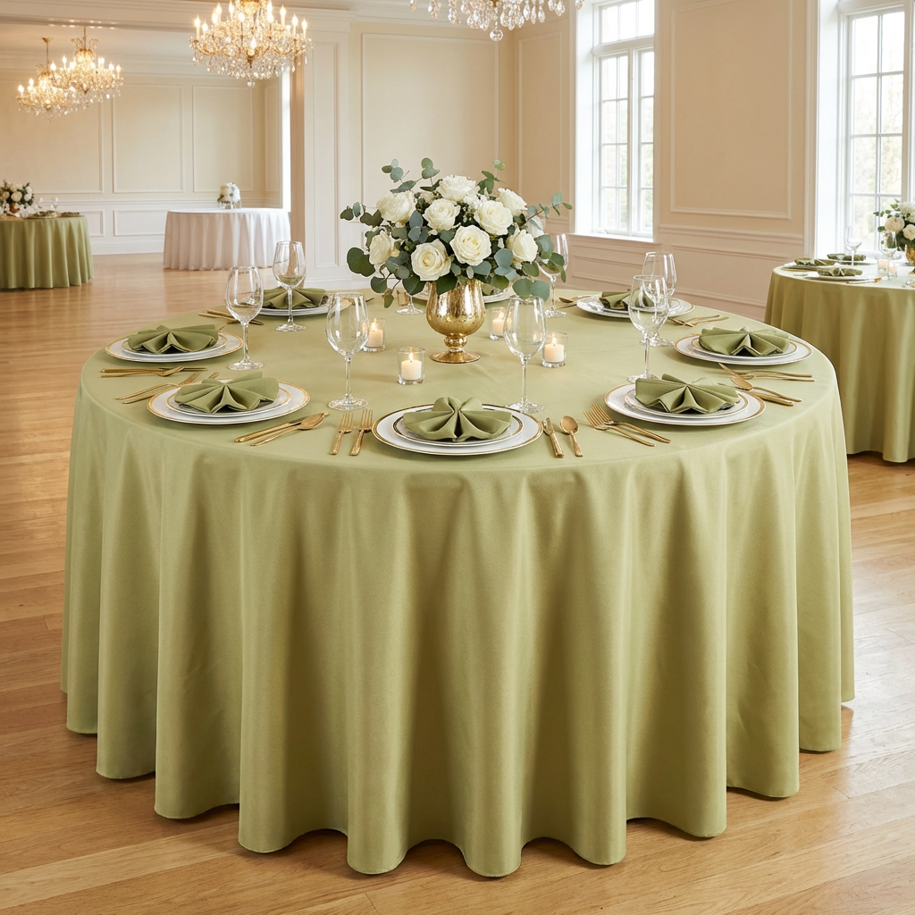 Polyester Round Tablecloth Moss Green paired with moss green napkins ontop a white dinner plate, wine glasses and white rose floral centerpiece