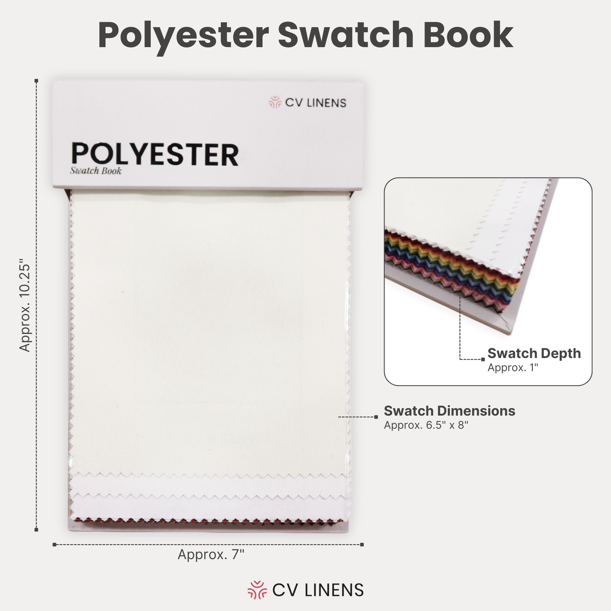 Polyester Swatch Booklet infographic showing dimension of 10.25" x 7" 