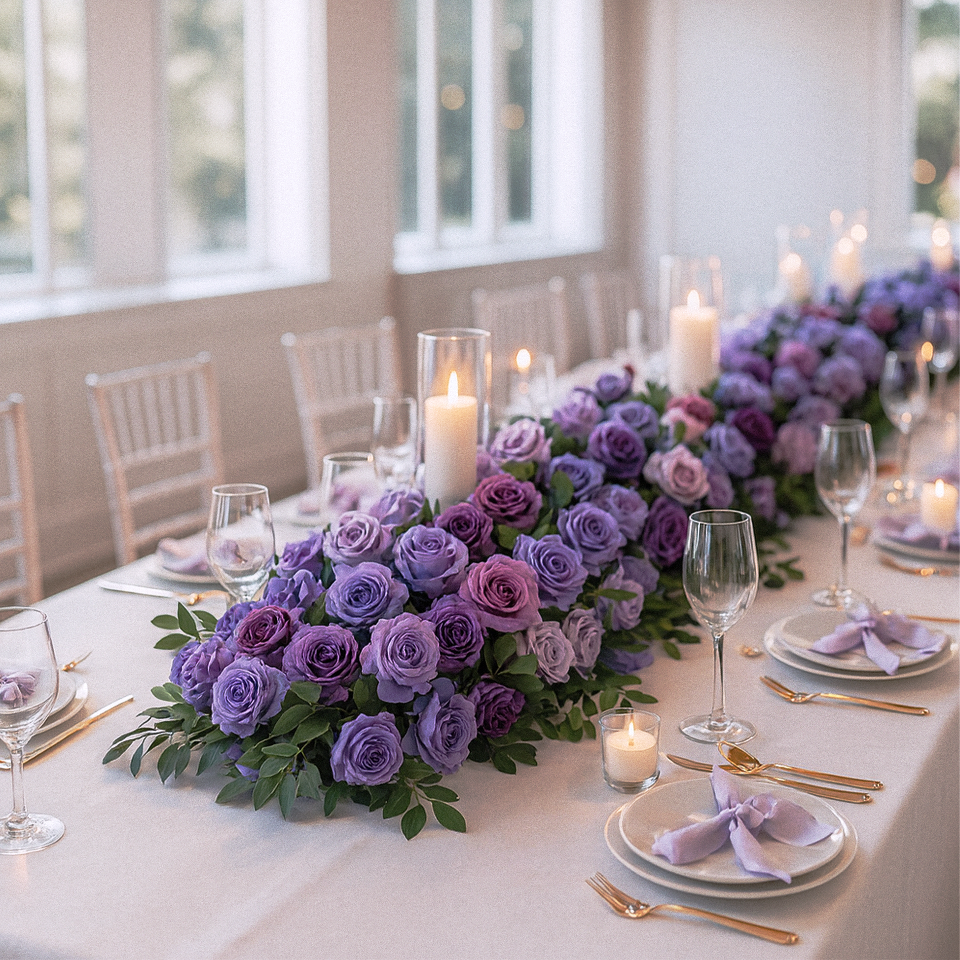 2 pcs/pk Premade Flower Backdrop Arch/Table Runner Decor lavender on table