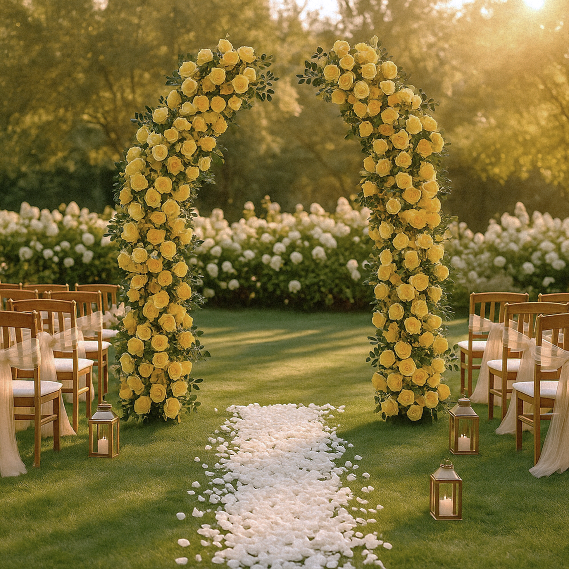2 pcs/pk Premade Flower Backdrop Arch/Table Runner Decor Pastel Yellow on curved arch frame