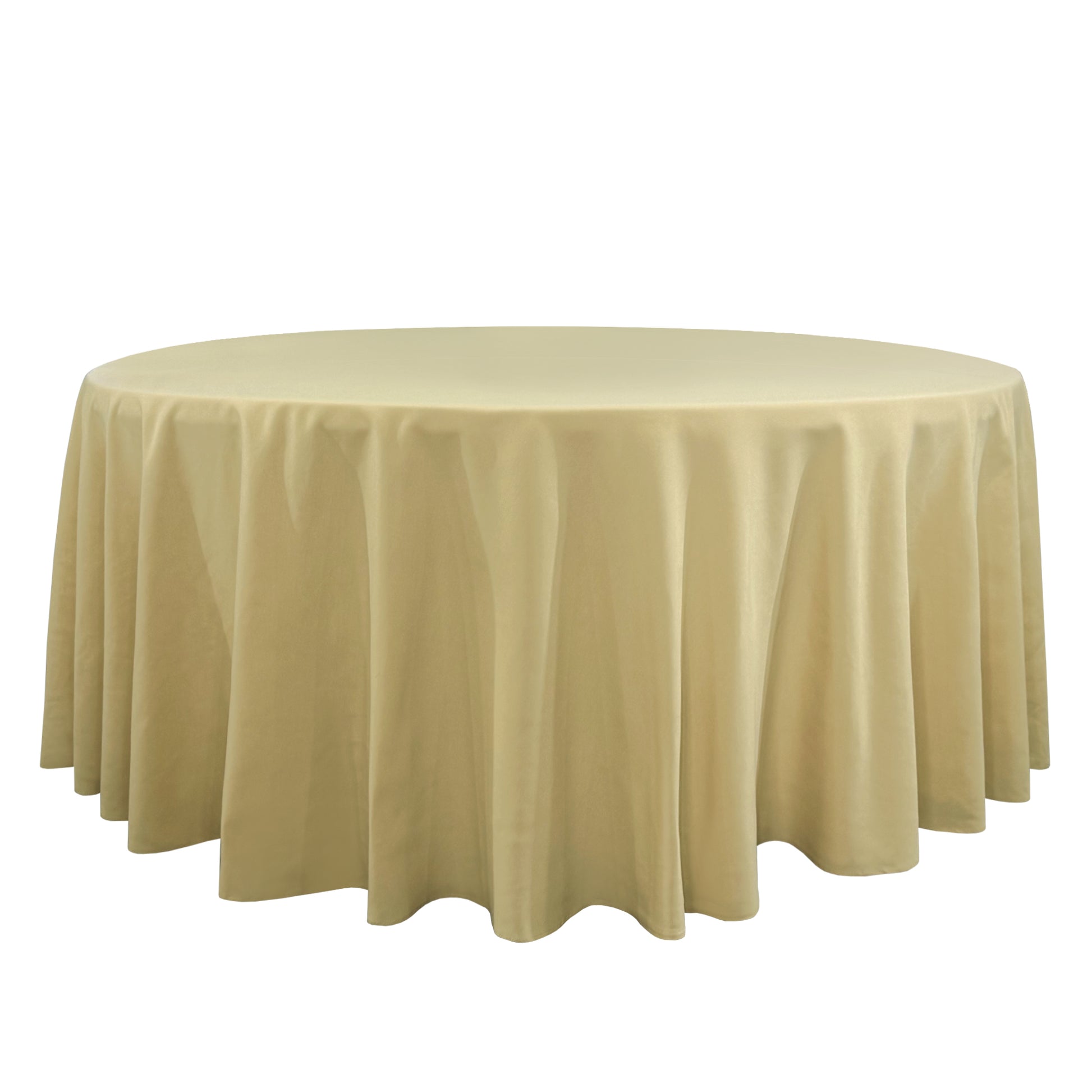 Premium 132" Round Champagne Spun Polyester Tablecloth front view