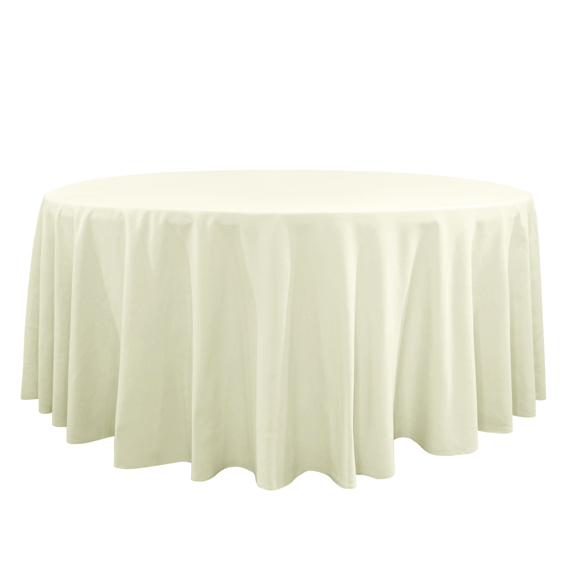 Premium 132" Round Ivory Spun Polyester Tablecloth front view