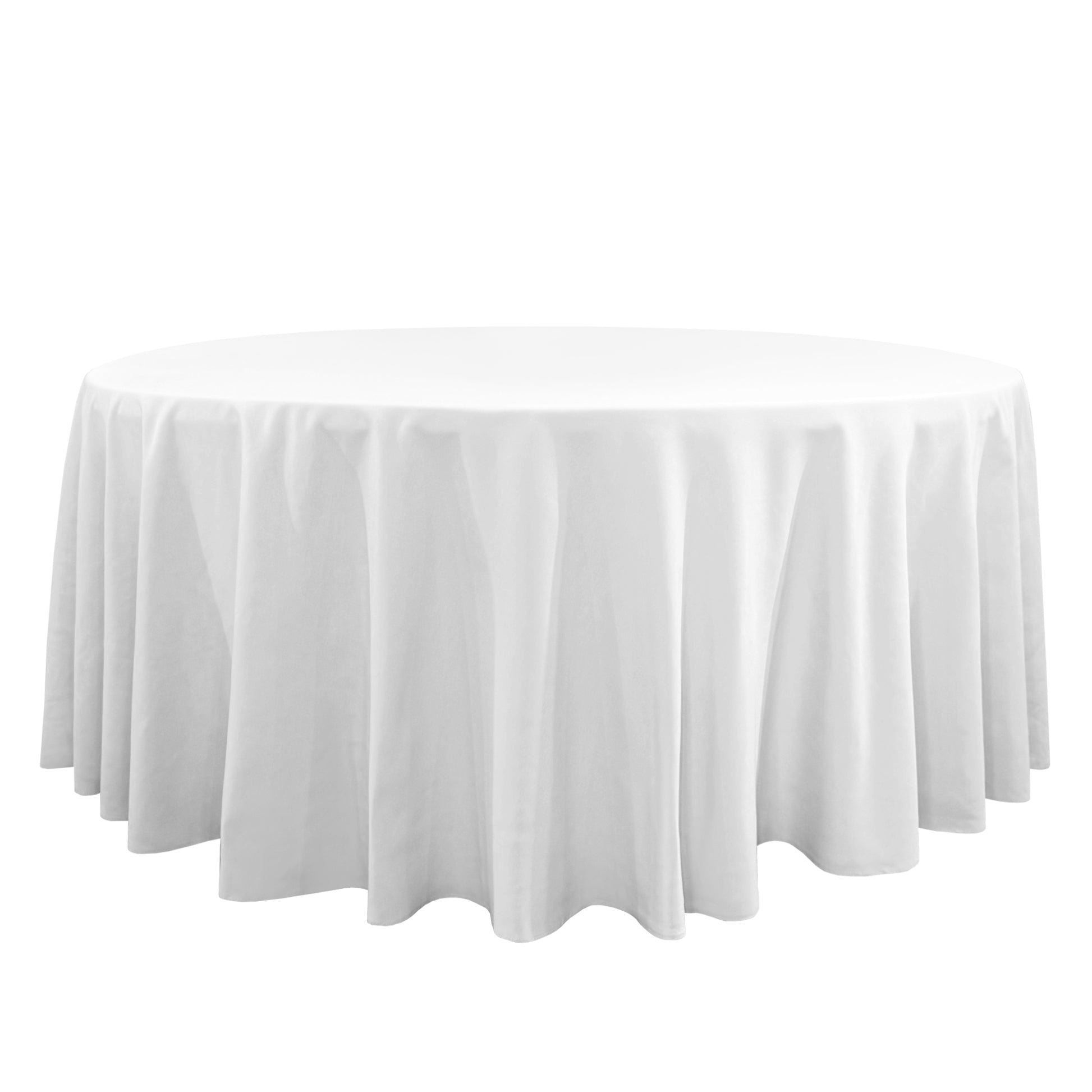 Premium 132" Round White Spun Polyester Tablecloth front view