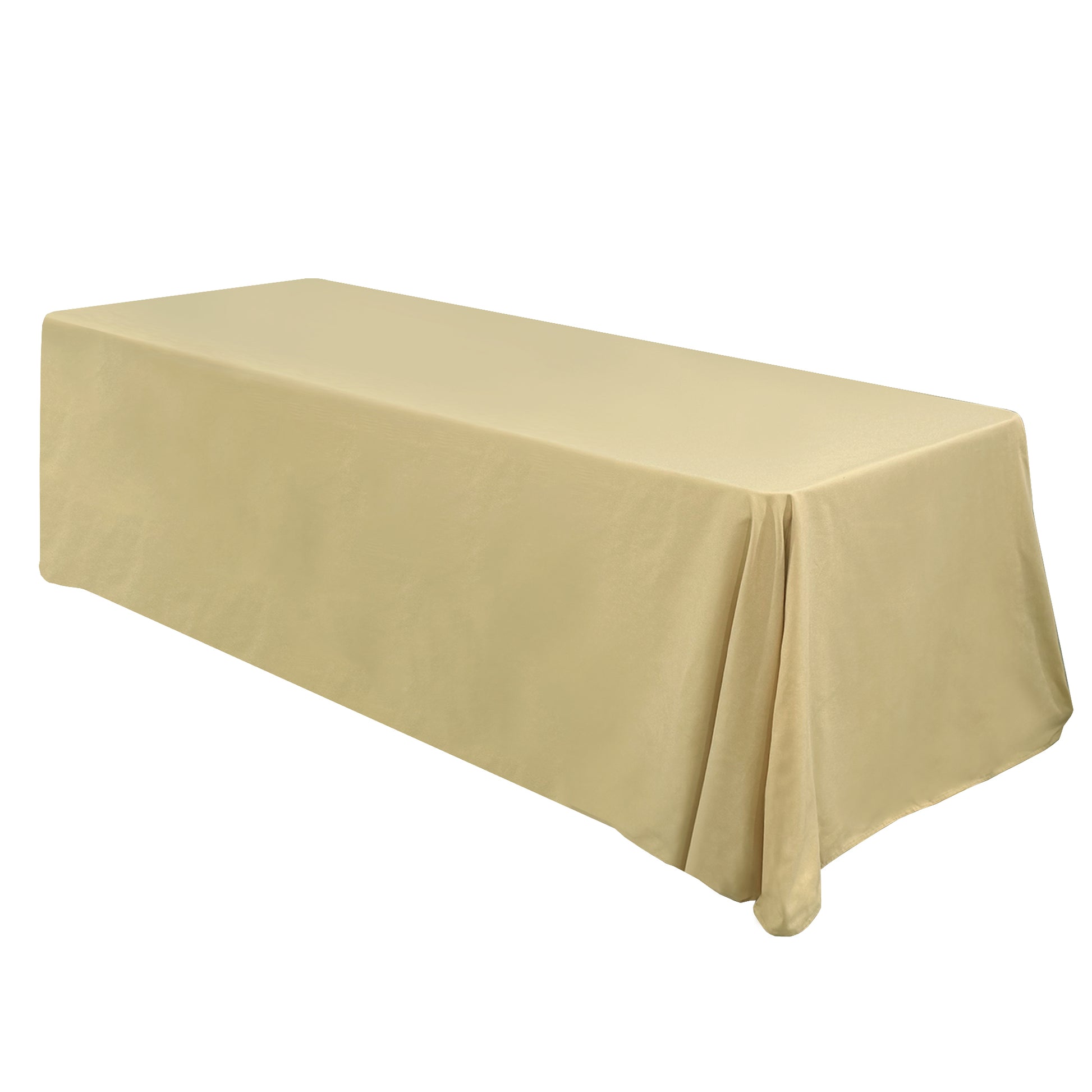 Premium 90"x132" Rectangular Champagne Spun Polyester Tablecloth angled view