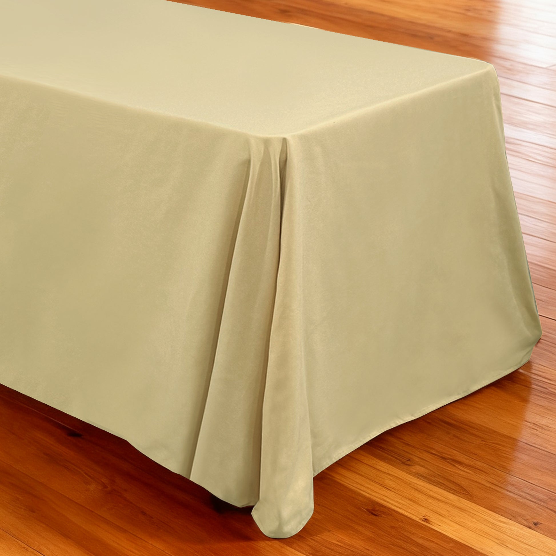 Premium 90"x132" Rectangular Champagne Spun Polyester Tablecloth end view