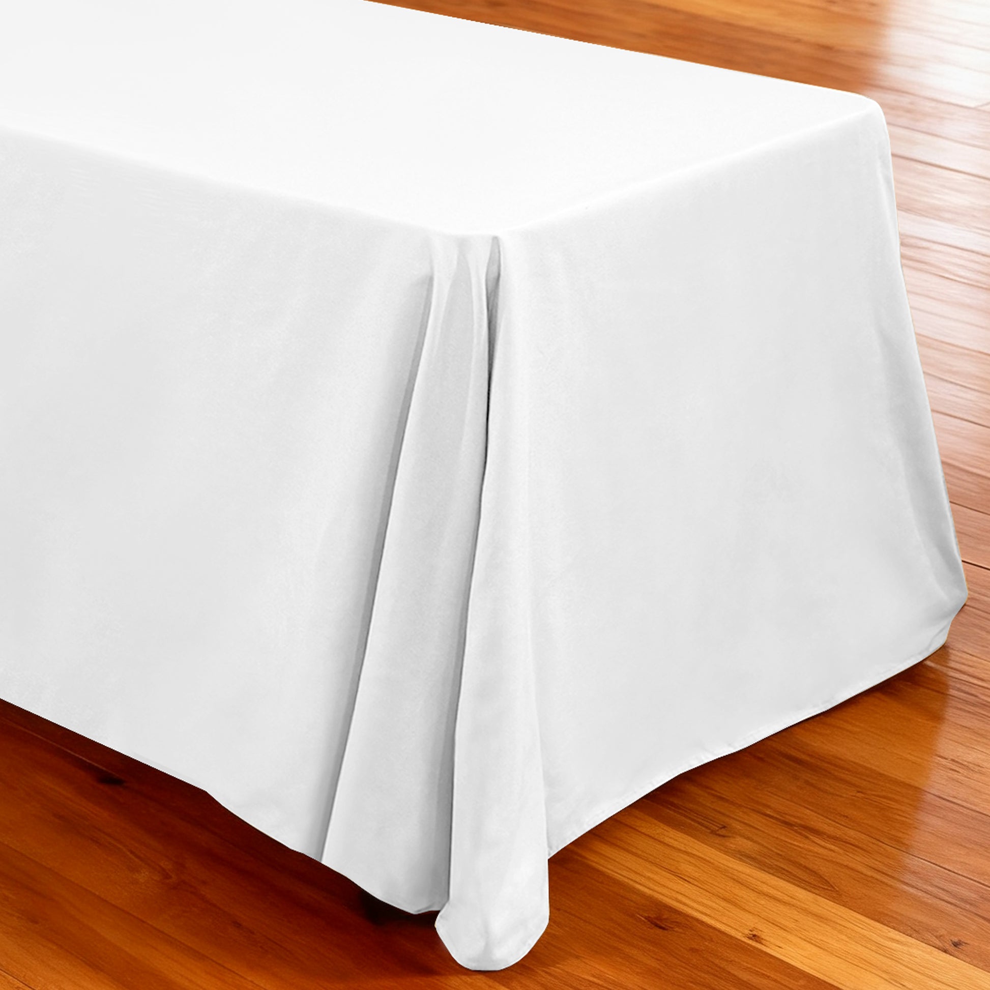 Premium 90"x132" Rectangular White Spun Polyester Tablecloth end view