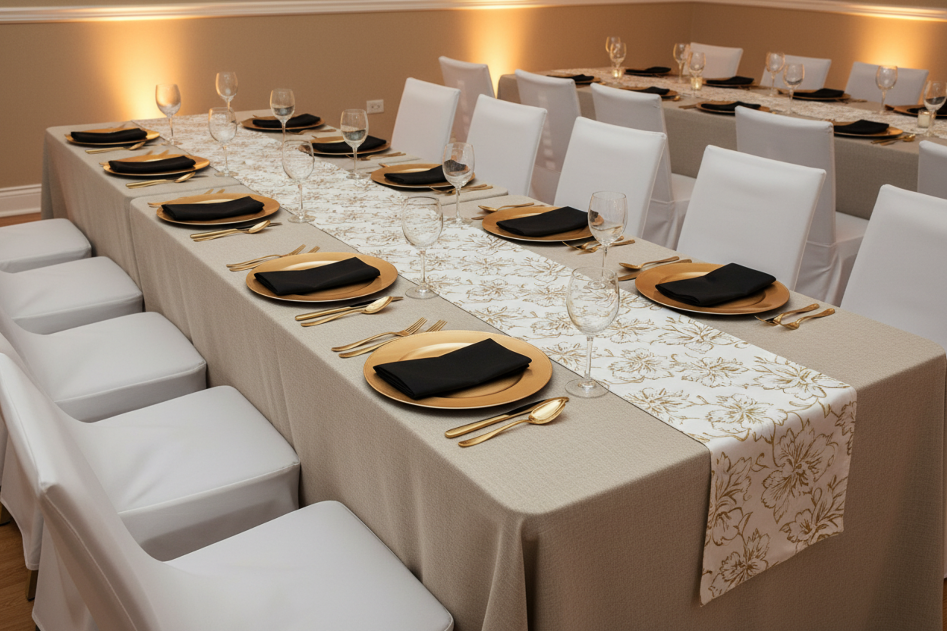 corporate awards night with Premium Linen-Look Panama Weave 90"x132" Rectangle Tablecloth - Beige