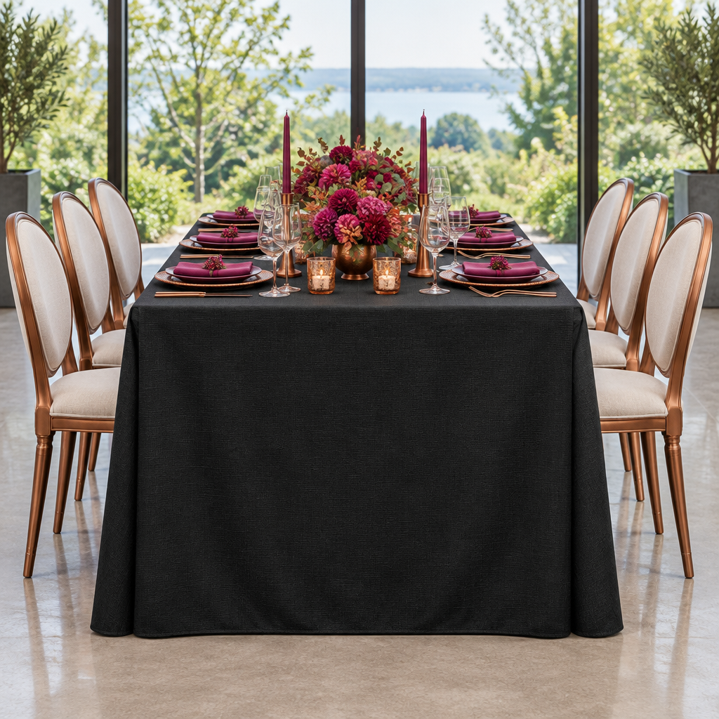 Premium Linen-Look Panama Weave 90"x132" Rectangle Tablecloth Black at a birthday dinner