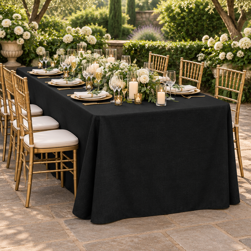 Premium Linen-Look Panama Weave 90"x132" Rectangle Tablecloth Black at a garden wedding