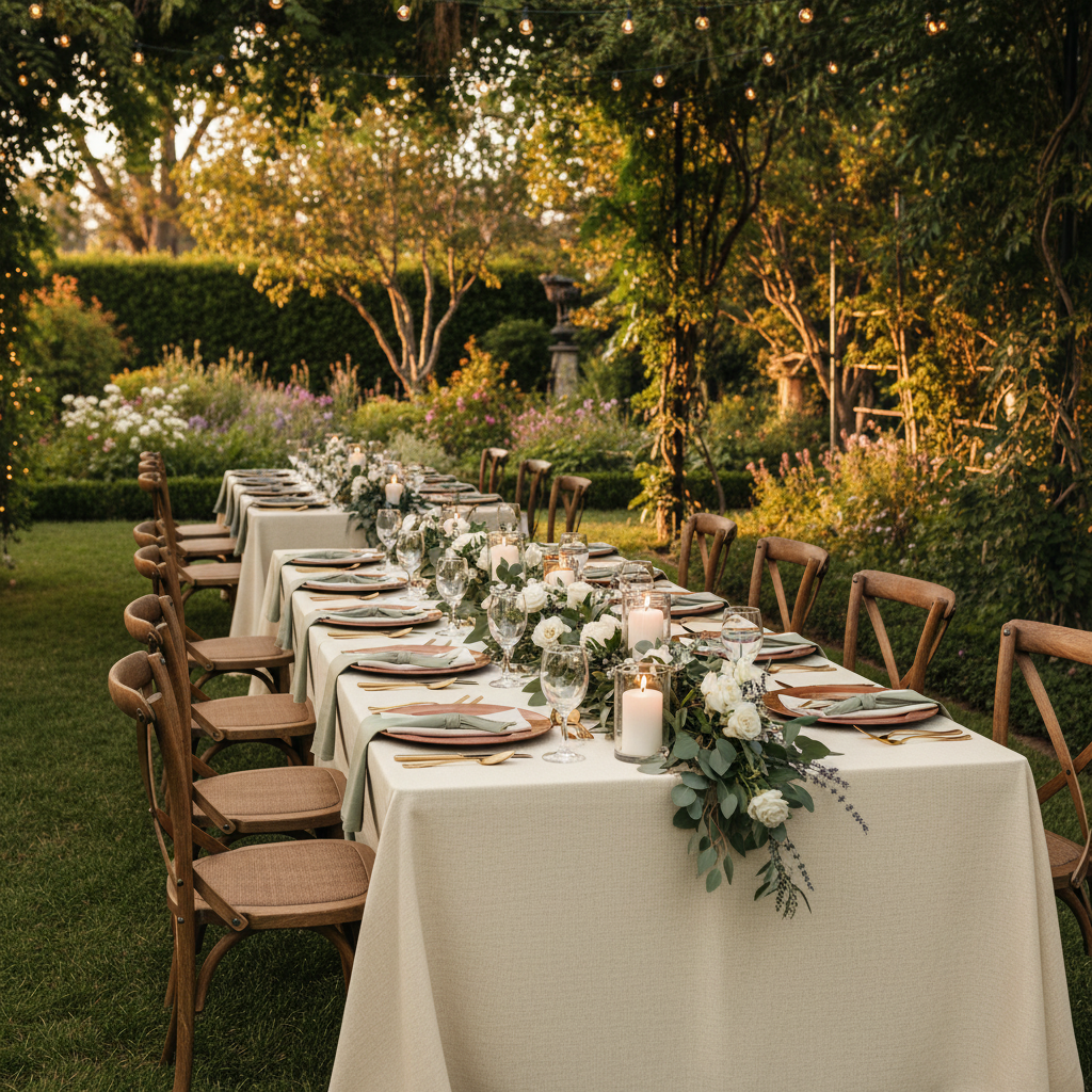 outdoor garden wedding with Premium Linen-Look Panama Weave 90"x132" Rectangle Tablecloth - Ivory