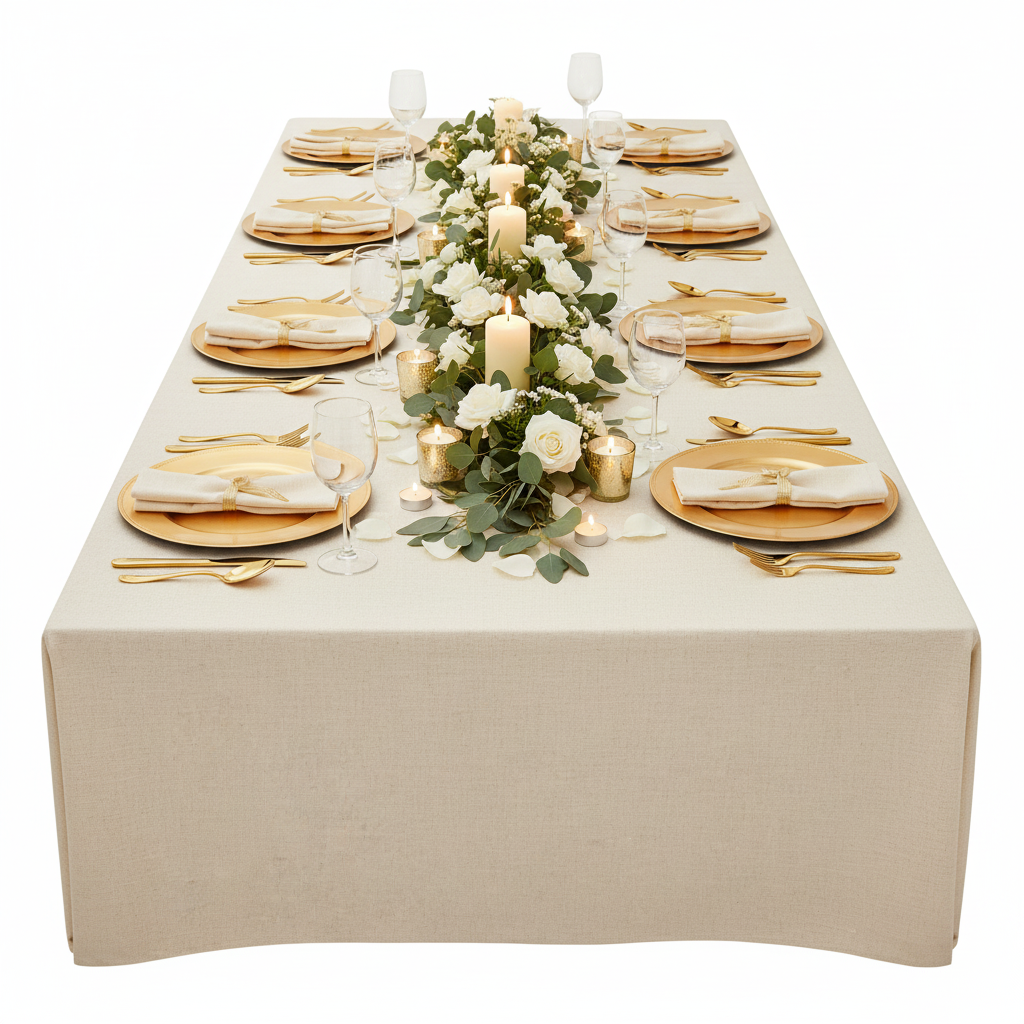 top view detail of Premium Linen-Look Panama Weave 90"x132" Rectangle Tablecloth - Ivory