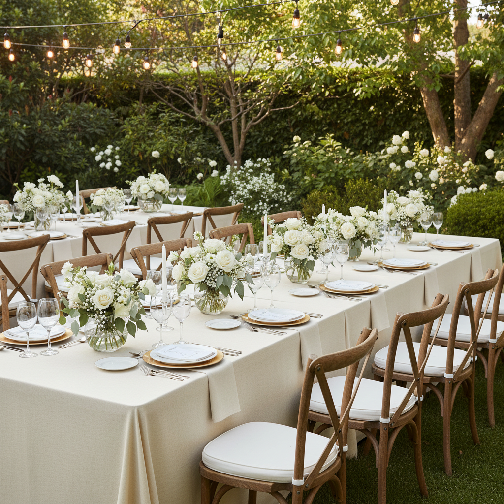 outdoor garden wedding reception with Premium Linen-Look Panama Weave 90"x156" Rectangle Tablecloth - Ivory