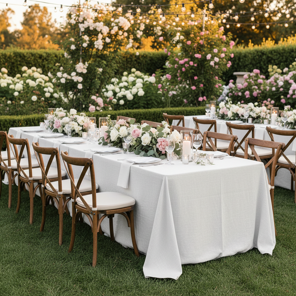 outdoor garden wedding with Premium Linen-Look Panama Weave 90"x156" Rectangle Tablecloth - White