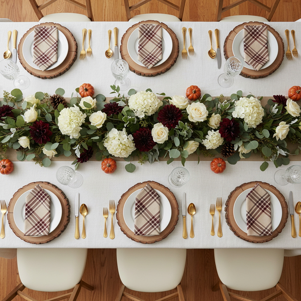 top view autumn table with Premium Linen-Look Panama Weave 90"x156" Rectangle Tablecloth - White