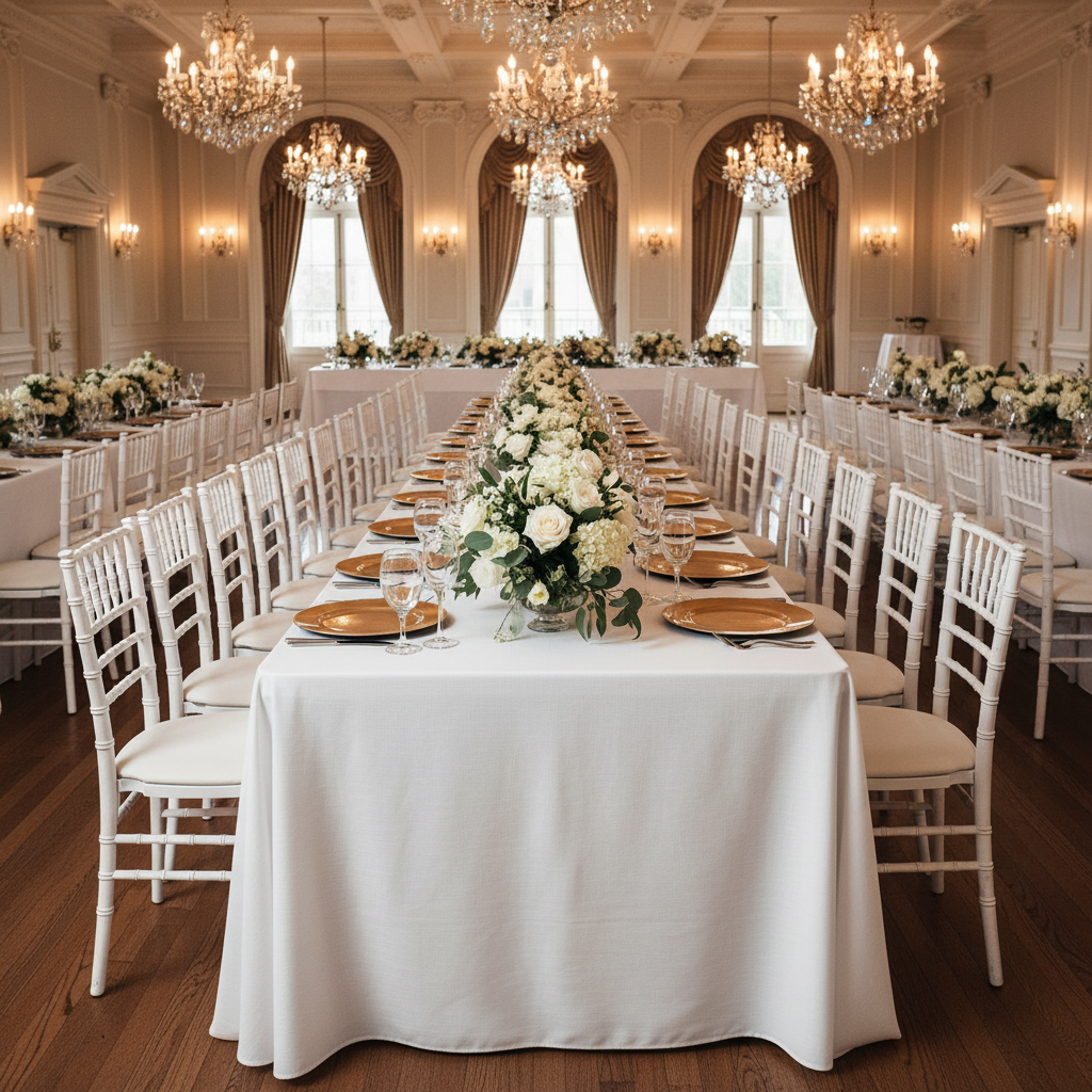 indoor wedding ballroom with Premium Linen-Look Panama Weave 90"x156" Rectangle Tablecloth - White