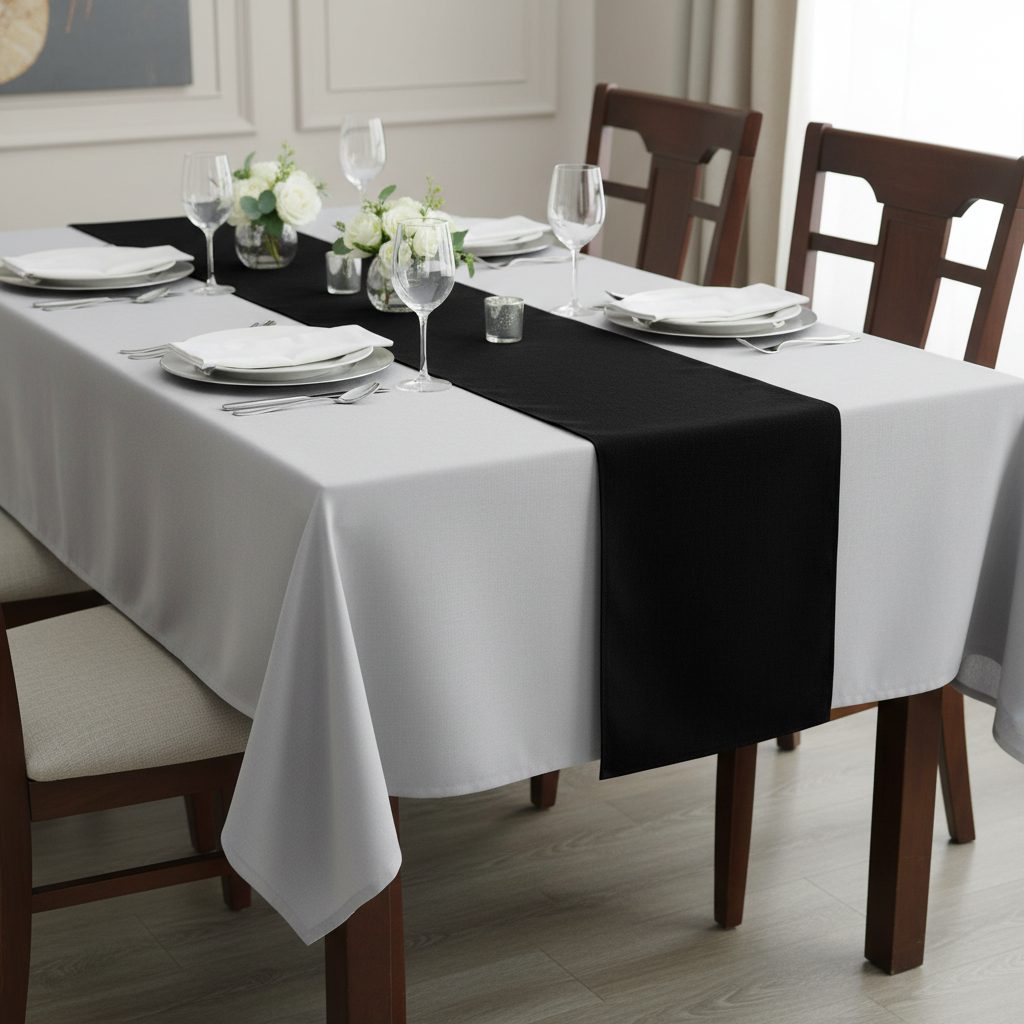 Front and elevated top view of black Panama weave table runner