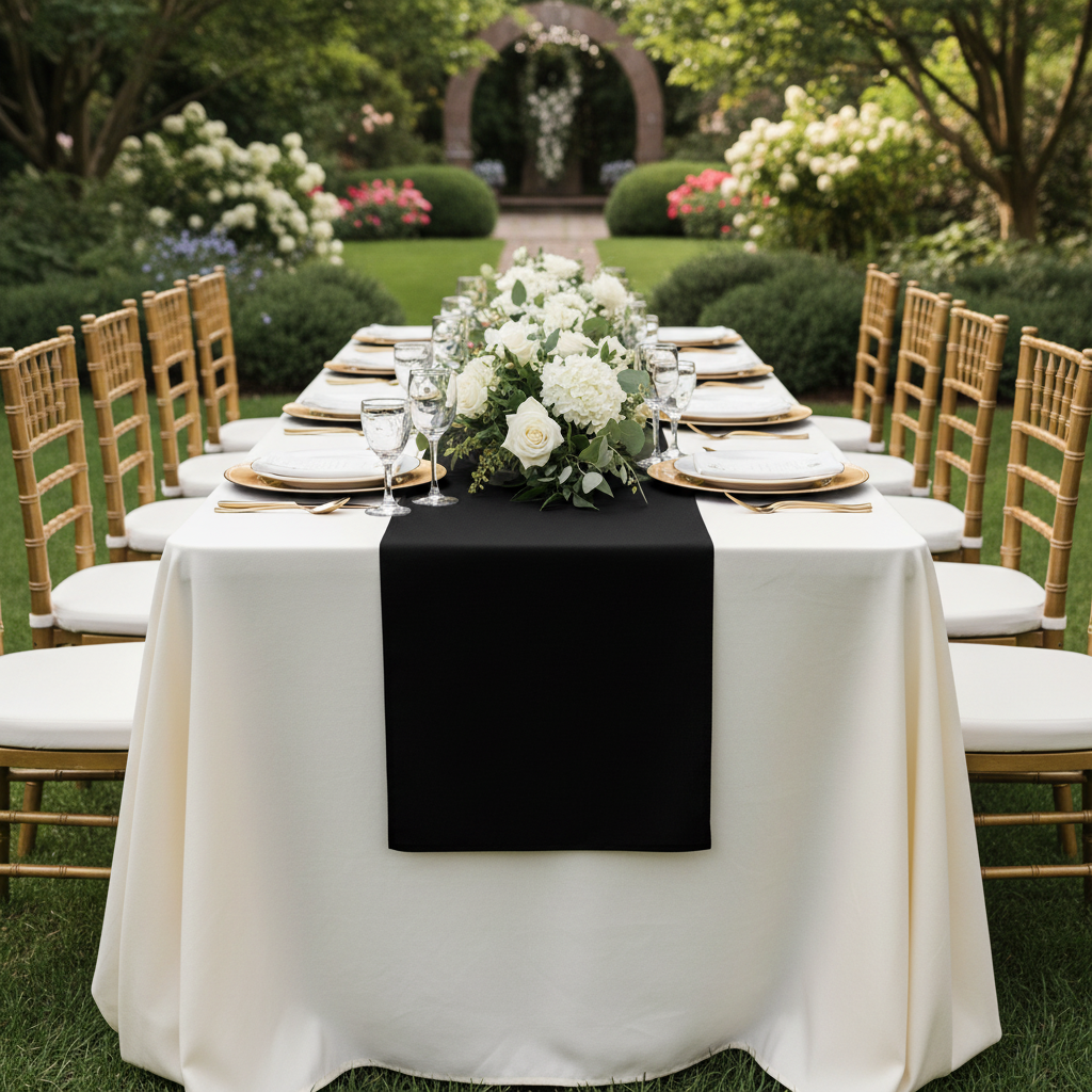 Garden wedding with black Panama weave table runner