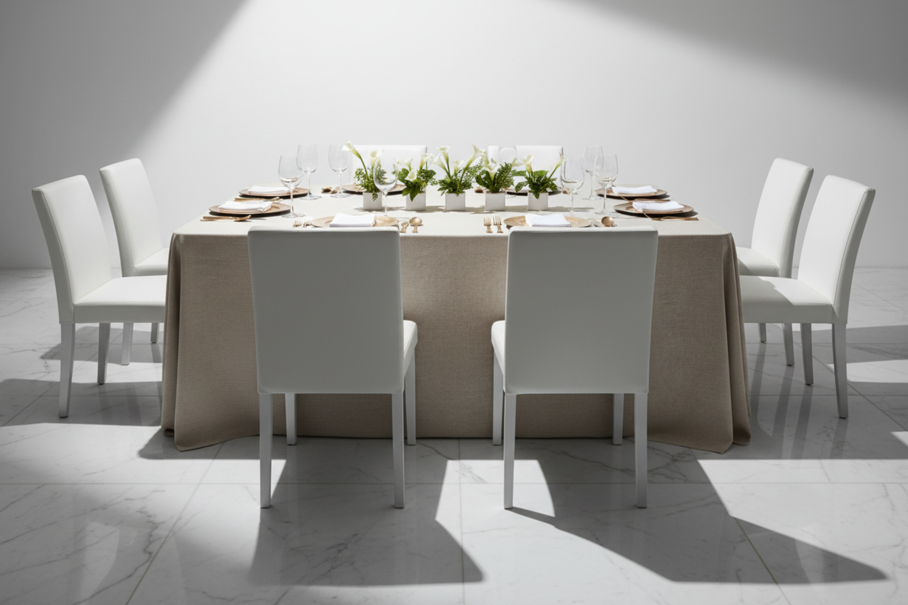 corporate dinner setup indoor with Premium Linen-Look Panama Weave 90"x156" Rectangle Tablecloth - Beige