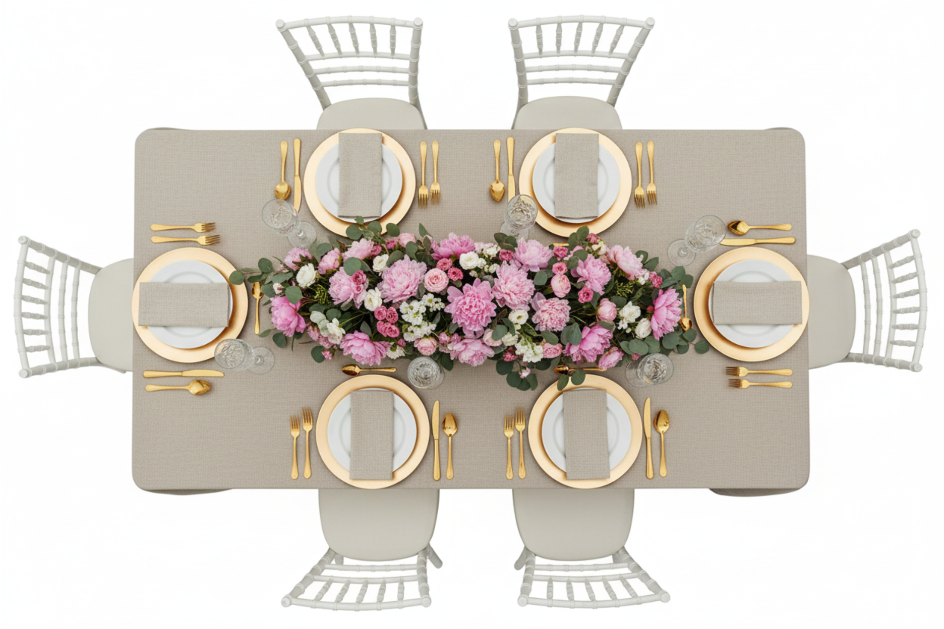 top view setup of Premium Linen-Look Panama Weave 90"x156" Rectangle Tablecloth - Beige