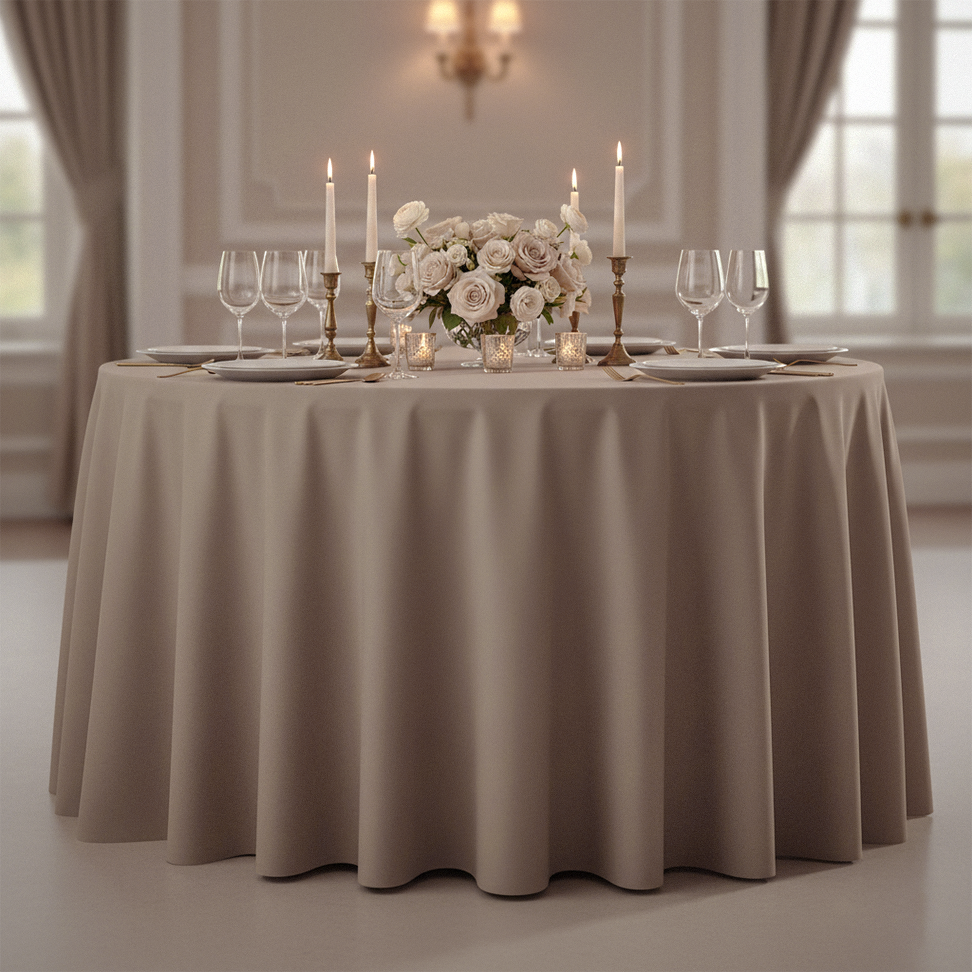 Premium Polyester 108" Round Tablecloth Taupe on a 60" round table with tapered candles, wine goblets, white charger plates, and gold silverware