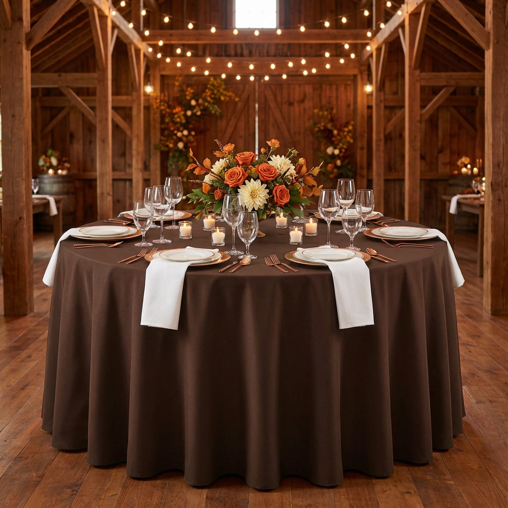 Premium-Polyester-120-Round-Tablecloth-Chocolate-Brown | napkin | charger plates | wine goblets |