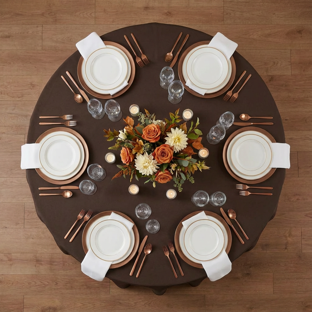 Premium-Polyester-120-Round-Tablecloth-Chocolate-Brown | napkin | charger plates | wine goblets |