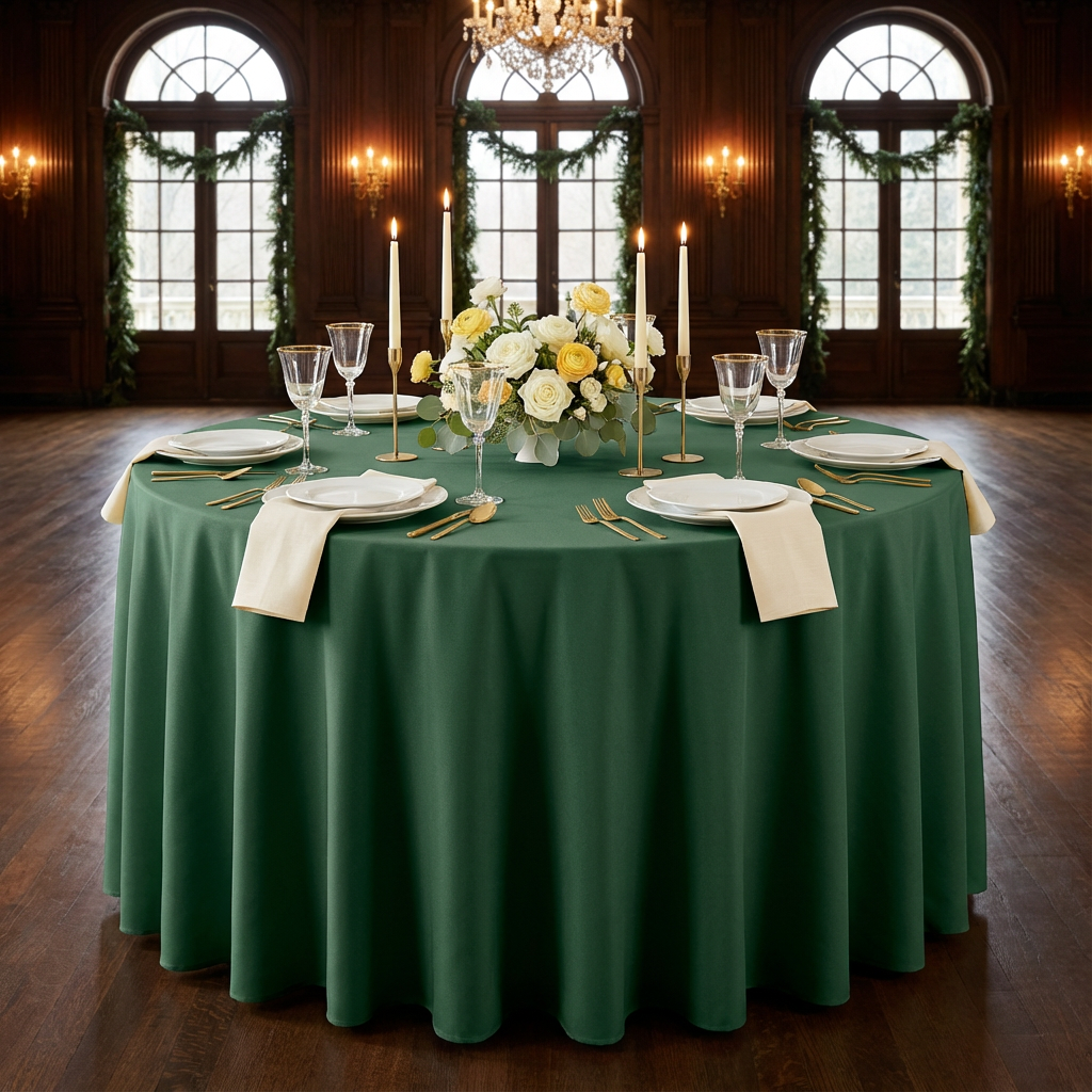 formal dinner setup with Premium Polyester 120" Round Tablecloth - Forest Green