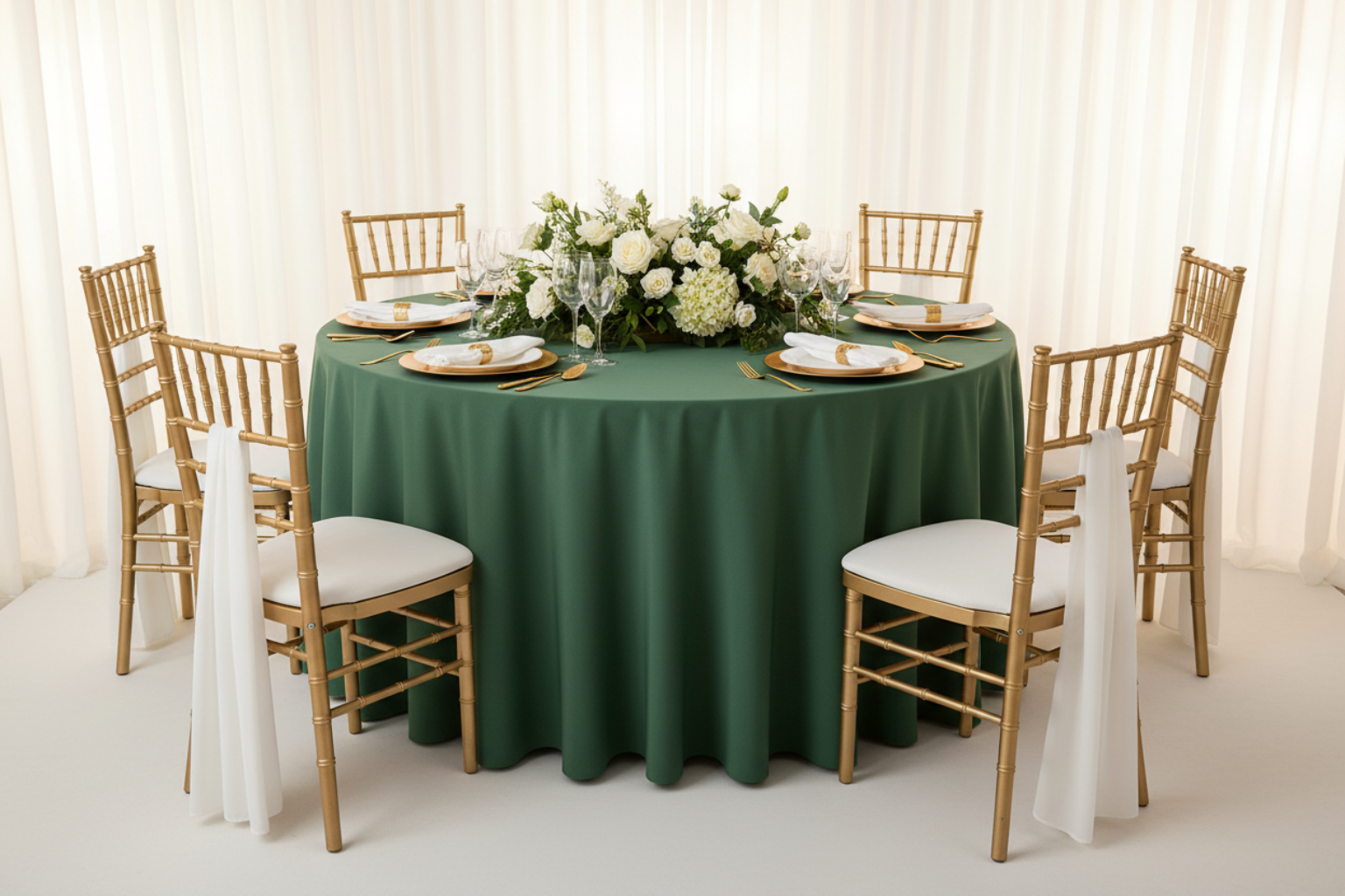 birthday setup with Premium Polyester 120" Round Tablecloth - Forest Green with gold charger plate and white napkin