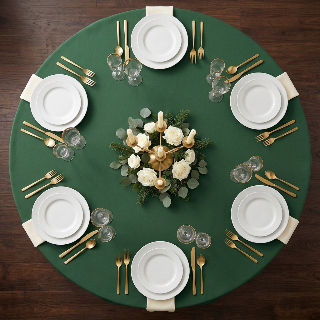 top view of Premium Polyester 120" Round Tablecloth - Forest Green
