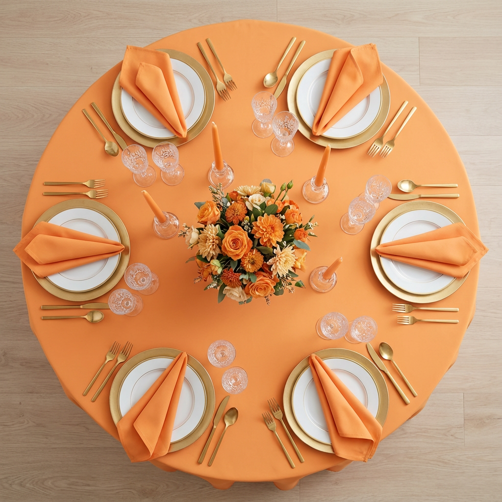 Premium Polyester 120" Round Tablecloth - Orange | charger plate | napkin | dinner plate | wine goblets |