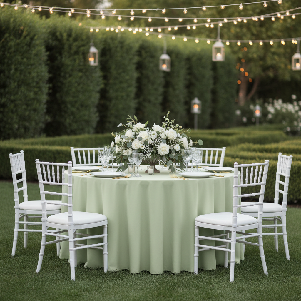 outdoor garden reception with Premium Polyester 120" Round Tablecloth - Sage Green