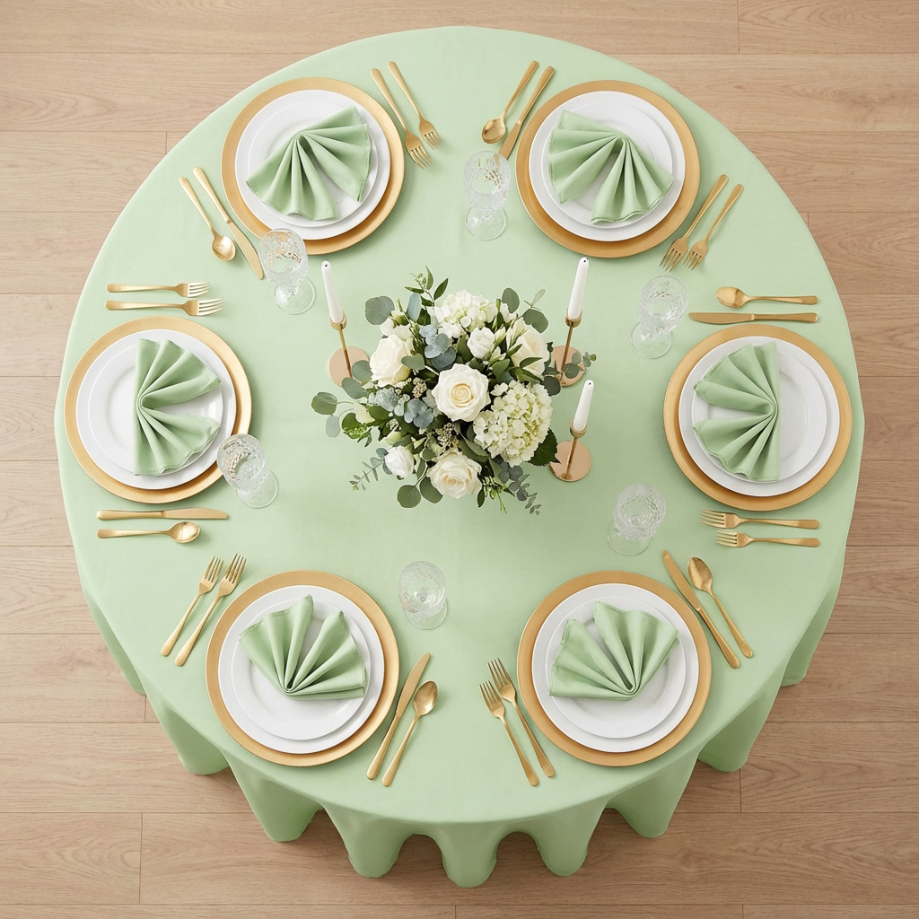 top view detail of Premium Polyester 120" Round Tablecloth - Sage Green