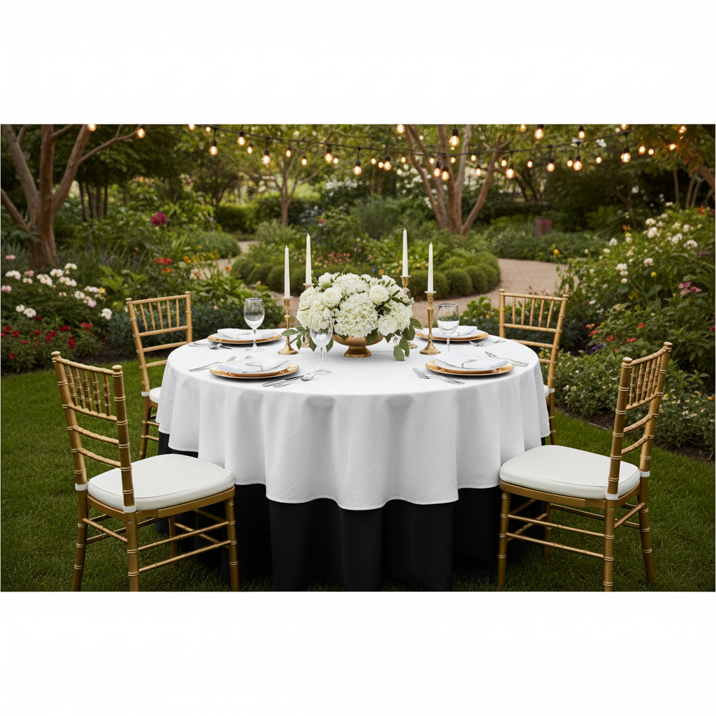 garden dinner setup with Premium Polyester 90" Round Tablecloth - White