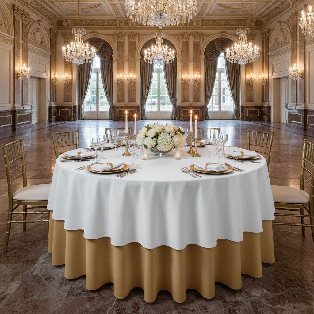 indoor wedding reception with Premium Polyester 90" Round Tablecloth - White